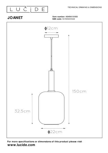 Lucide JOANET - Pendant light - Ø 22 cm - 1xE27 - Smoke Grey - technical